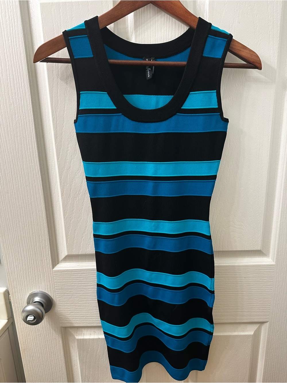 Guess by Marciano Black and Blue Striped Sleeveless Bodycon Dress